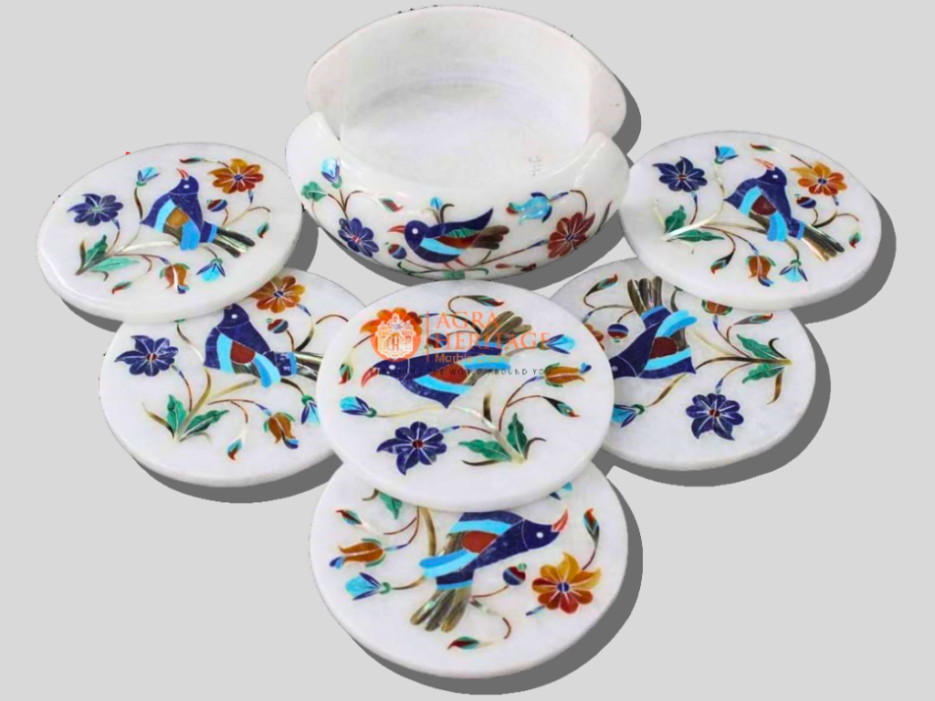 Round Marble Multi Inlay Floral Birds Arts Coasters